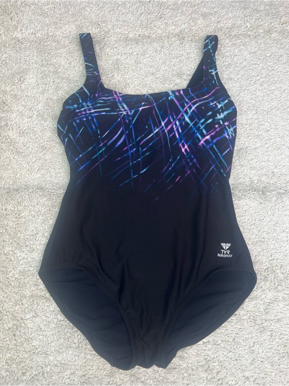 TYR Black One-Piece Swimsuit with Blue & Purple Laser-Style Accents